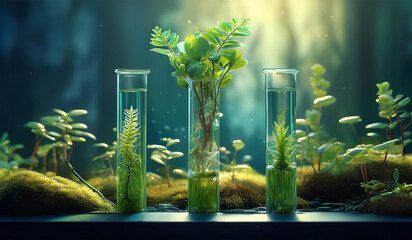 laboratory test tube biology science genetically modified plants sapling green plant in water structure of reproduction of organisms moss and fungi abstract concept background.