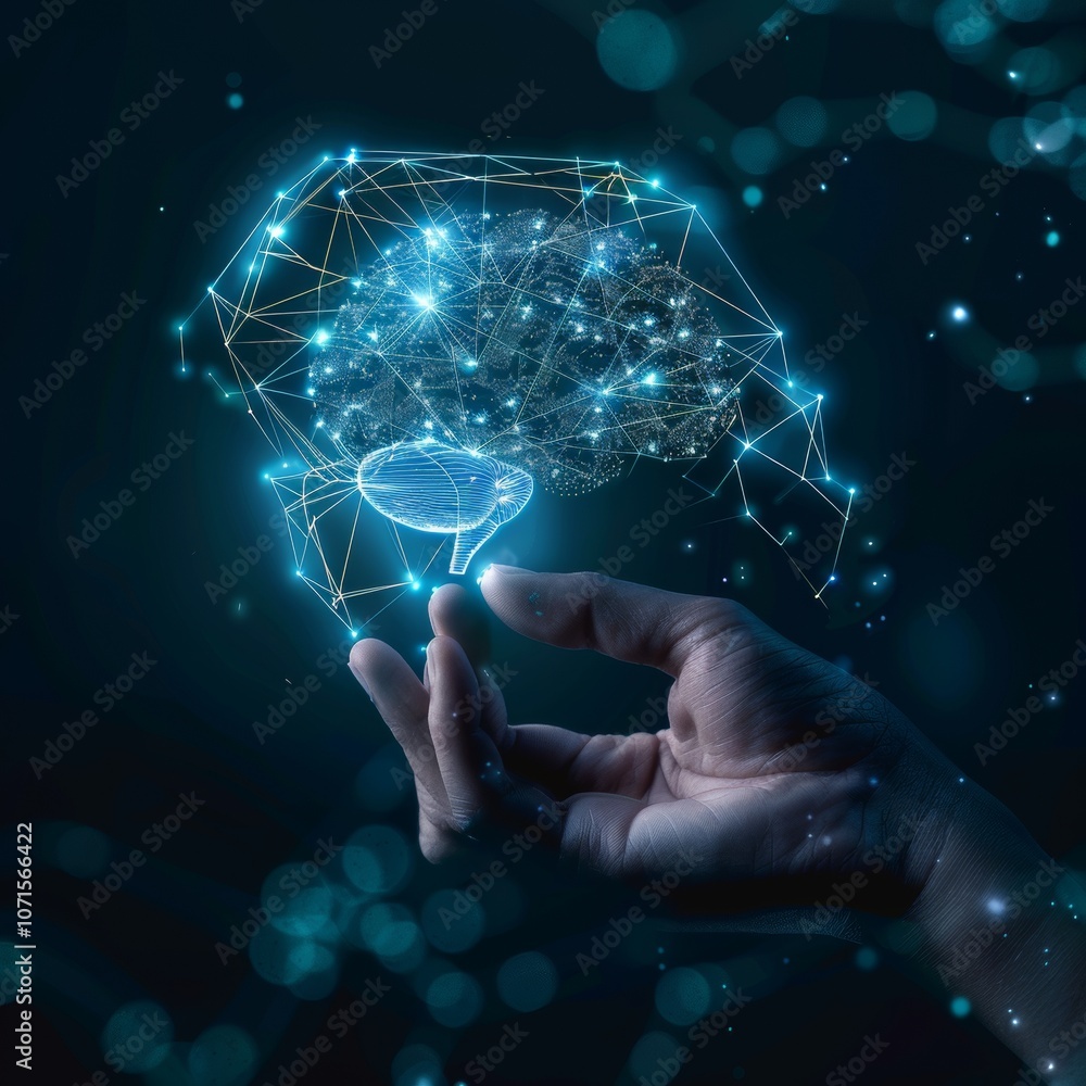Poster robot brain digital data ai global network technology hologram with light and hand of human in sci-f