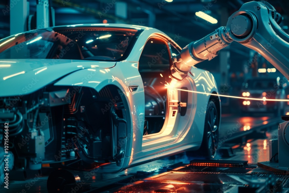 Poster robot welder in automobile industry. white robots welding car body on automobile factory. the robots
