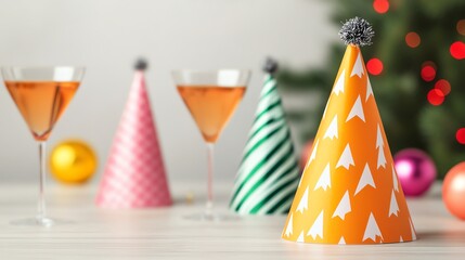 Obraz premium Closeup of New Year s Eve party hats, focus on festive supplies and celebration preparation, lively indoor setting