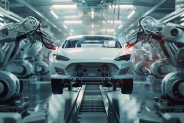 Fototapeta premium Robot welder in automobile industry. White robots welding car body on automobile factory. The robots draw the outline of the concept car with a laser ray or beam