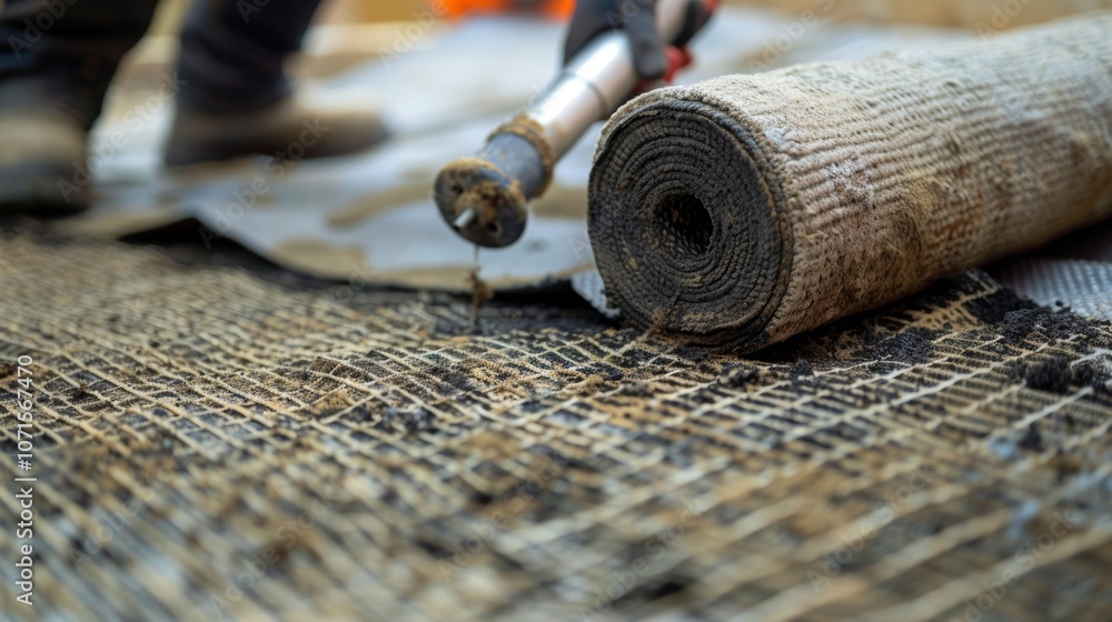 Aufkleber a worker using a heat gun to fuse together two pieces of geotextile fabric creating a seamless and s