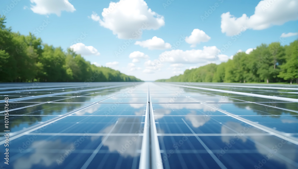 Wall mural a futuristic solar panel array with reflections of trees and clouds, symbolizing environmental innov