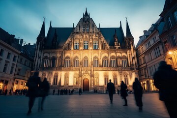 Fototapeta premium Gothic architecture illuminated at dusk with blurred silhouetted pedestrians.