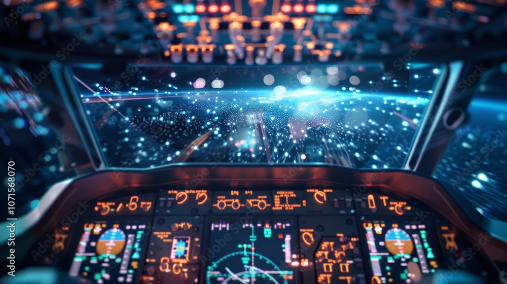 Poster flying high in the sky, the airplane cockpit navigates through a mesmerizing digital binary code dat
