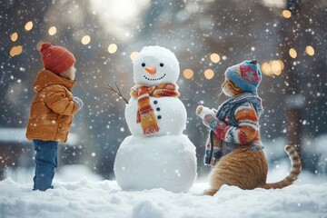 A delightful winter scene where a family is building a snowman, while their mischievous cat sits atop a nearby snow mound, curiously watching the fun.