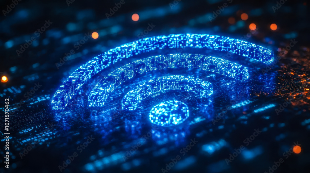 Poster digital blue wifi signal icon with binary code: ai in network management and cybersecurity