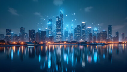 Obraz premium A futuristic city skyline with a digital network overlay, representing smart city innovations, connectivity, and urban technology.