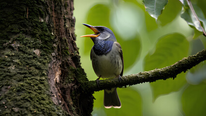A bird perched atop a tree trunk, showcasing its vibrant feathers against a natural backdrop