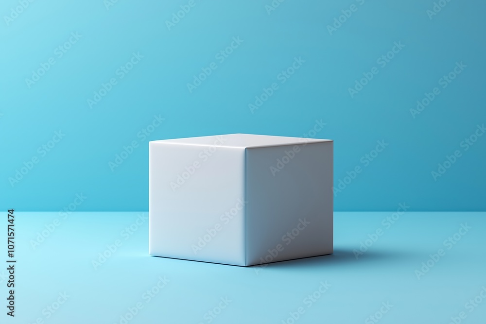 Poster minimalist white cube on a soft blue background showcasing simple elegance in design