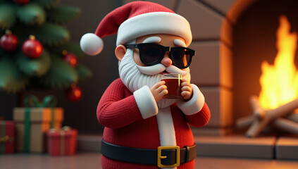Santa relaxes with a warm drink by the cozy fireplace, enjoying a moment of calm in his holiday routine. Sunglasses add a modern, stylish twist to this warm holiday scene.