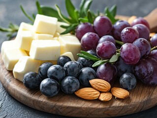Fototapeta premium Elegant Charcuterie Board with Grapes, Almonds, and Brie Gourmet Textures in Focus, Perfect for Wine Pairing and Appetizers