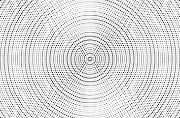 Radial halftone gradient background. Dotted concentric texture with fading effect. Black and white circle shade wallpaper. Grunge rough vector. Monochrome backdrop