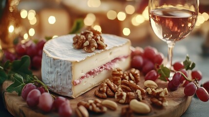 Elegant Rustic Cheese Platter with Brie, Grapes, and Nuts, Perfect for Entertaining or a Romantic Dinner, High-Detail Food Photography