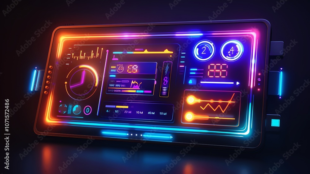 Poster futuristic tablet with neon glowing interface displaying data and graphs.