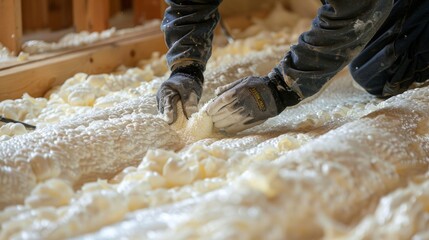 A worker installing spray foam insulation in a crawl space keeping out pests and sealing cracks to improve energy efficiency.