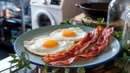 A classic breakfast with crispy bacon and sunny-side-up eggs on a white plate, set against a warm restaurant background, ideal for food photography and breakfast-themed visuals. 