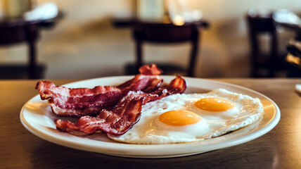 A classic breakfast with crispy bacon and sunny-side-up eggs on a white plate, set against a warm restaurant background, ideal for food photography and breakfast-themed visuals. 