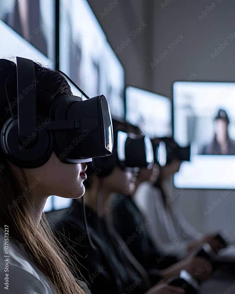 Poster a group of individuals wearing vr headsets, engaged in immersive digital experiences while surrounde