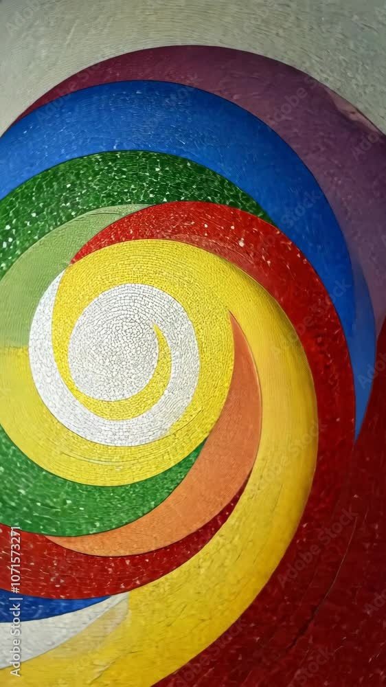 Poster a colorful spiral pattern made of painted, curved lines is visible in this image