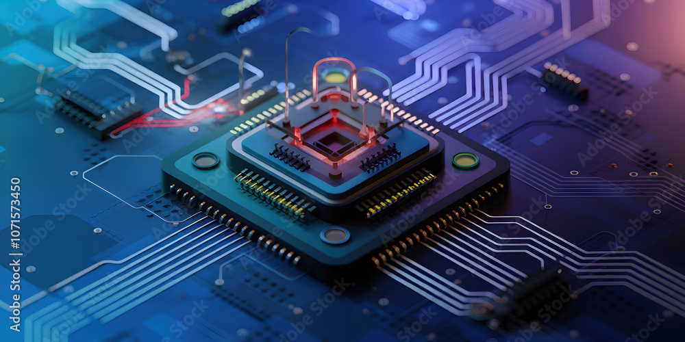 Poster close up view of modern microprocessor on circuit board, showcasing intricate details and vibrant