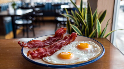 A classic breakfast with crispy bacon and sunny-side-up eggs on a white plate, set against a warm restaurant background, ideal for food photography and breakfast-themed visuals. 