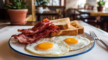 A classic breakfast with crispy bacon and sunny-side-up eggs on a white plate, set against a warm restaurant background, ideal for food photography and breakfast-themed visuals. 