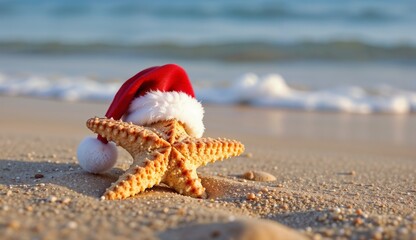 Starfish with a Santa hat on sandy beach with ocean waves during Christmas