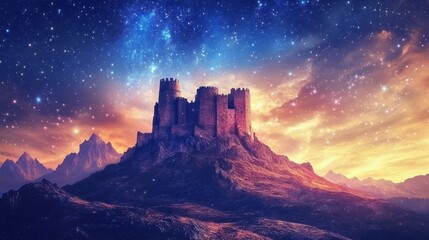 Fototapeta premium Fantasy painting of ancient castle on a hill, magical twilight atmosphere, stars in the sky