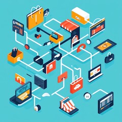 Obraz premium Isometric illustration of an e-commerce network with icons of shopping bags, credit cards, and computers.