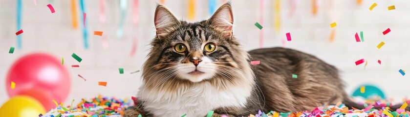 Fototapeta premium Pet streamers and confetti for a New Year celebration concept. A festive cat surrounded by colorful confetti and balloons, creating a playful and joyful atmosphere