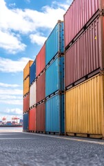 Colorful shipping containers stacked against a bright blue sky.