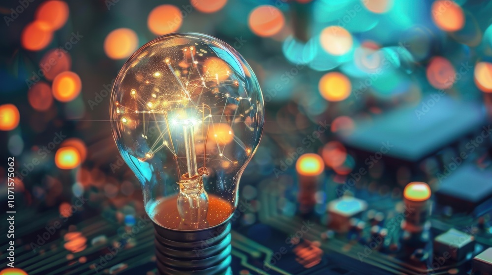 Poster light bulb on a circuit board symbolizing innovation and creativity in technology and design.