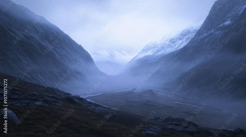 Poster A mountain range with a river running through it