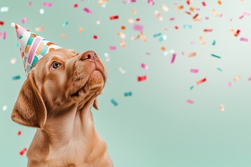 Pet streamers and confetti for a New Year celebration concept. A playful dog wearing a festive party hat gazes up as colorful confetti falls against a cheerful backdrop
