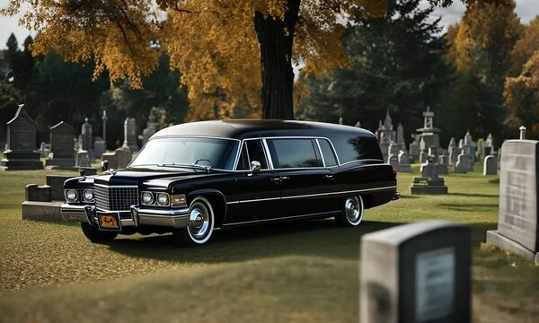 Hearse in a cemetery.