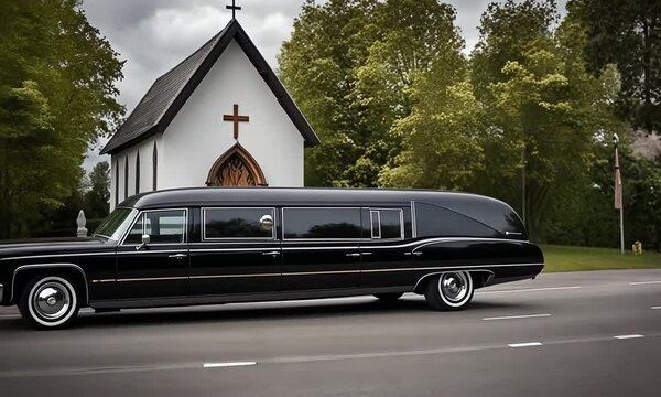 Hearse next to a church.