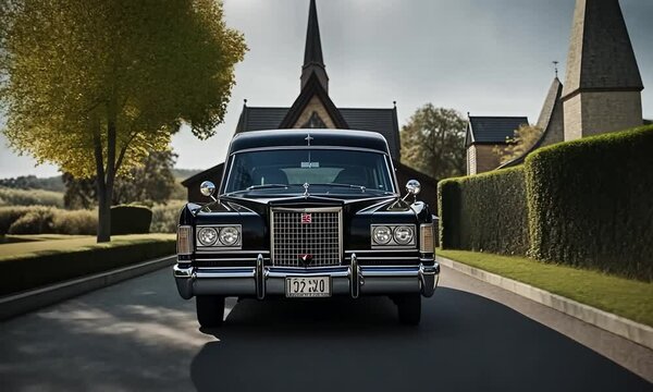 Hearse next to a church.