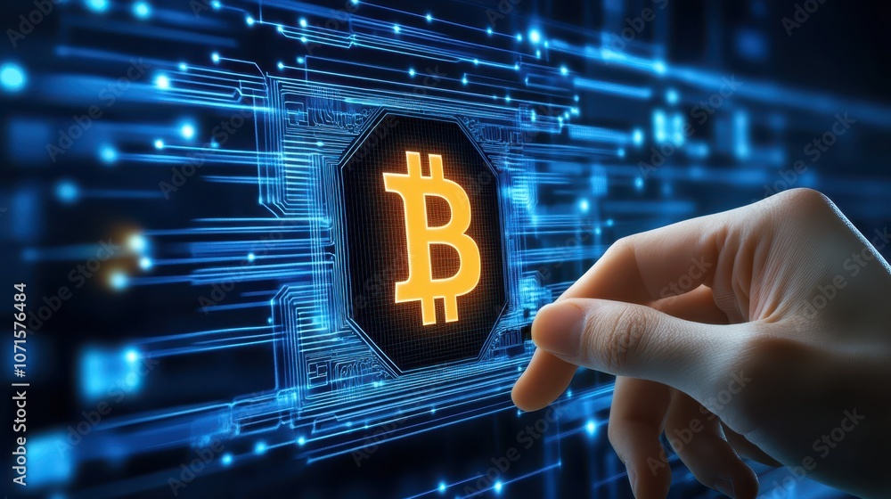 Aufkleber hand navigating bitcoin on digital interface, exploring cryptocurrency investment, blockchain techno