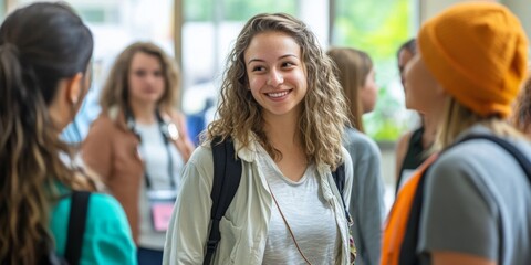 Fototapeta premium A young woman with curly hair smiles while talking with friends in a bright and lively environment. This joyful scene captures the essence of friendship and connection. AI
