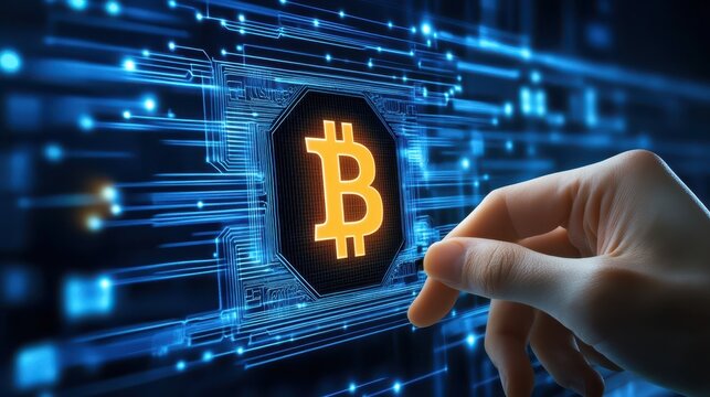 Hand navigating bitcoin on digital interface, exploring cryptocurrency investment, blockchain technology, and financial innovation