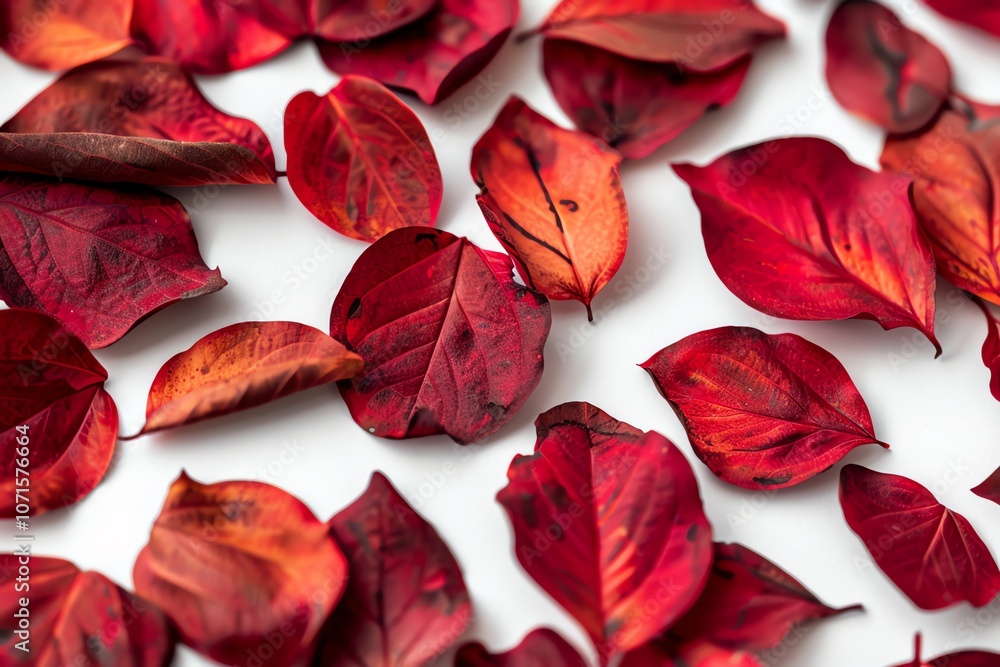 Poster red autumn leaves scattered on a white background, creating a vibrant and textured pattern.