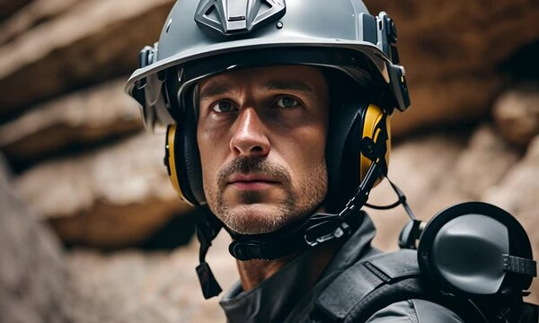 Rescuer with helmet in a cave.