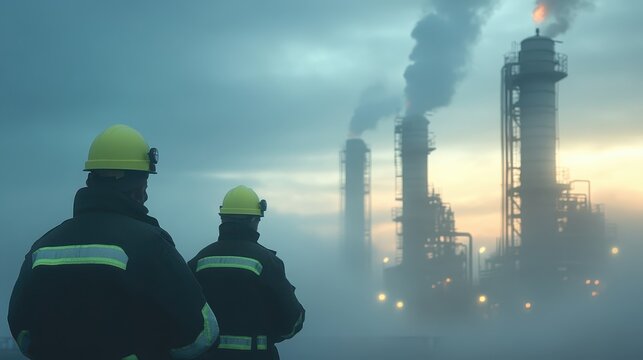 Two firefighters stand guard at industrial refinery, ensuring safety and emergency response