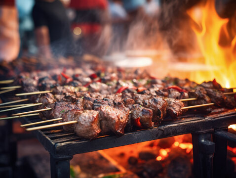 Brochetas de carne as&aacute;ndose en una parrilla con fuego intenso y brasas en ambiente exterior...