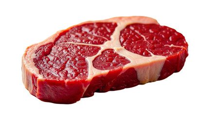 Obraz premium A close-up view of a raw beef steak with rich marbling and visible fat layers, showing detailed textures and deep red color.