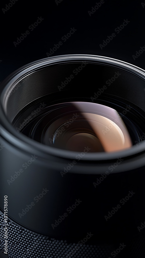 Poster a close-up image of a camera lens, highlighting its reflective surface and intricate design against 