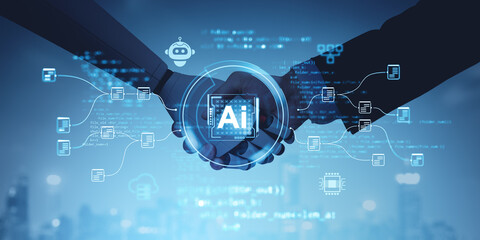 Two hands shaking with AI hologram icons overlay, digital style, blue tech background. Concept of futuristic collaboration