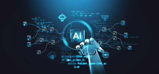 Cybernetic Hand Interacting with AI Interface. 3D Rendering