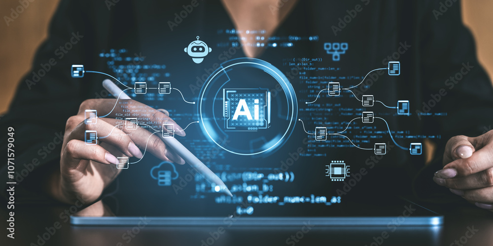 Poster ai technology interface with digital hologram display.